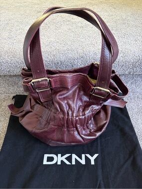 DKNY Burgundy Leather Gathered Small Shoulder Tote